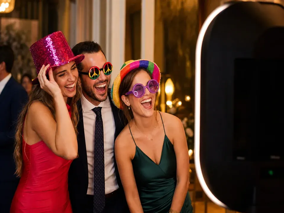 Invitados divirtiéndose con fotomatón y atrezzo en fiesta Girona